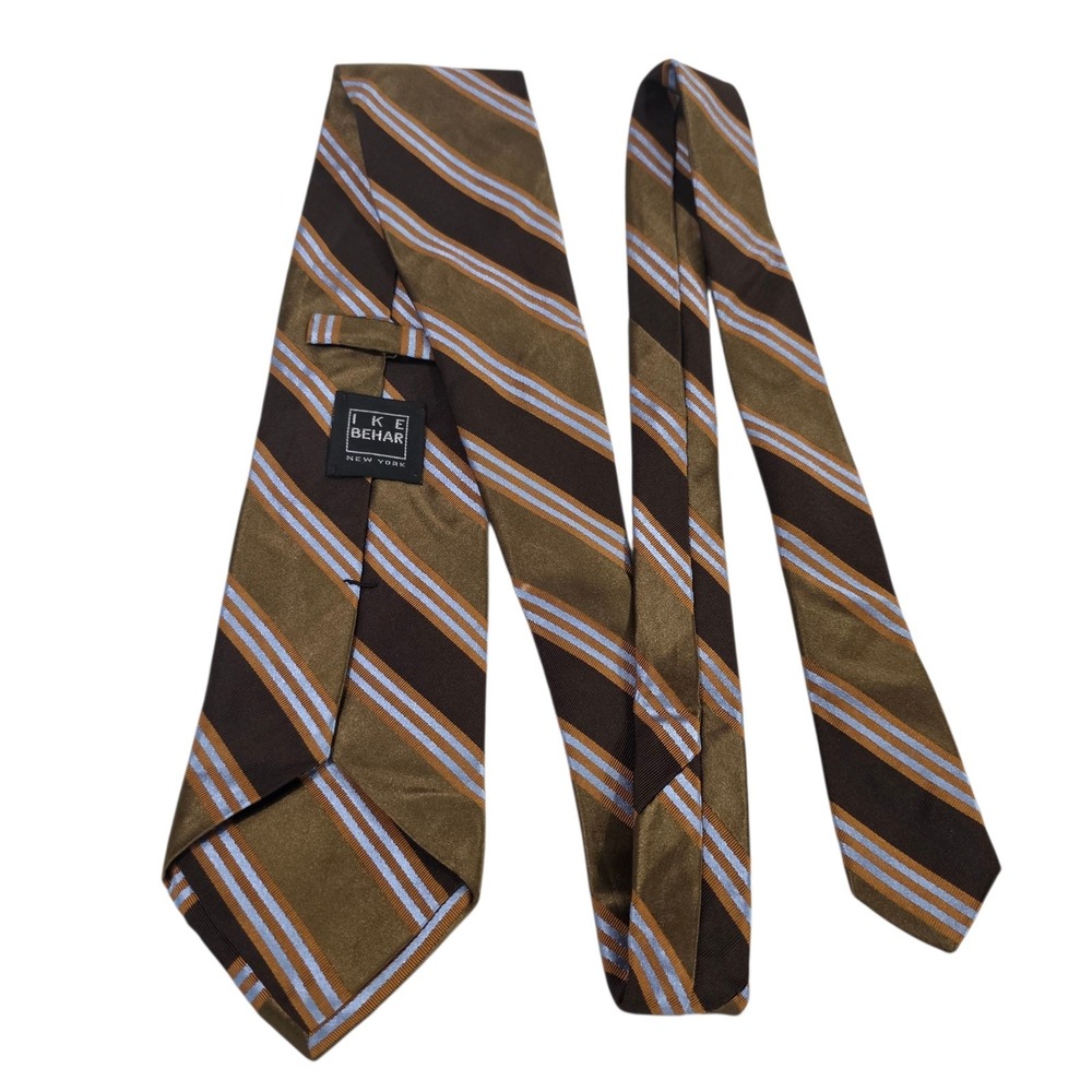 Ike Behar 7-Fold Mens Tie Necktie Designer Luxury Brown Blue‎ Stripe Cotton Silk